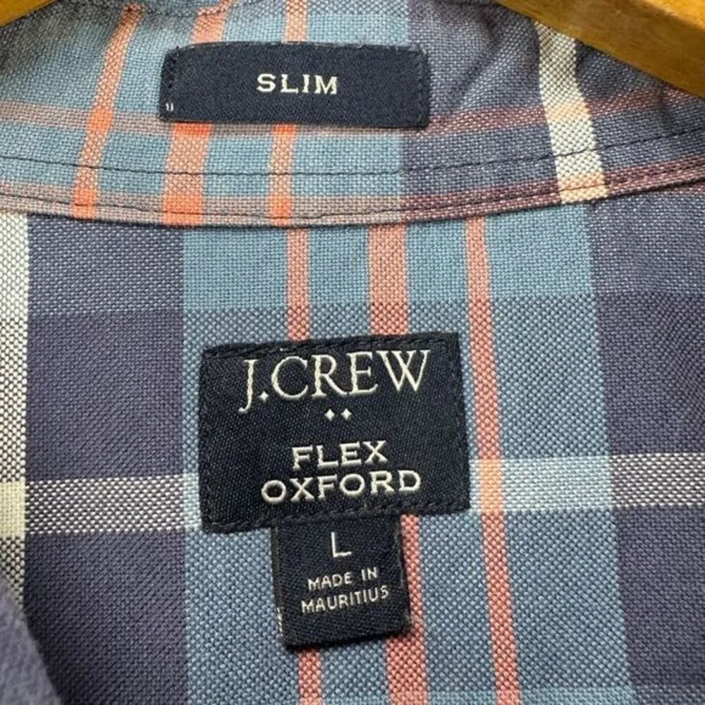 J Crew Flex Oxford Button Down Shirt Men Large Blue Plaid Slim Fit Pocket Casual